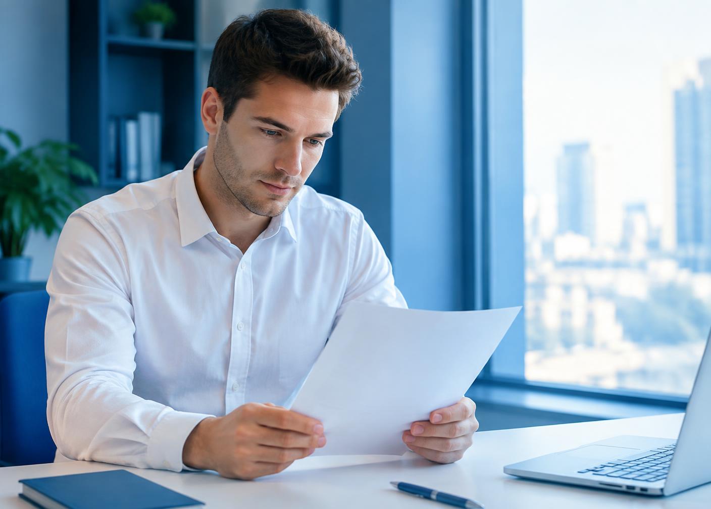 A professional reviewing his career documents at a desk