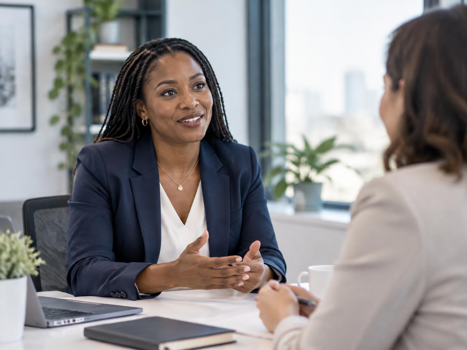 A professional career positioning conversation in a bright office